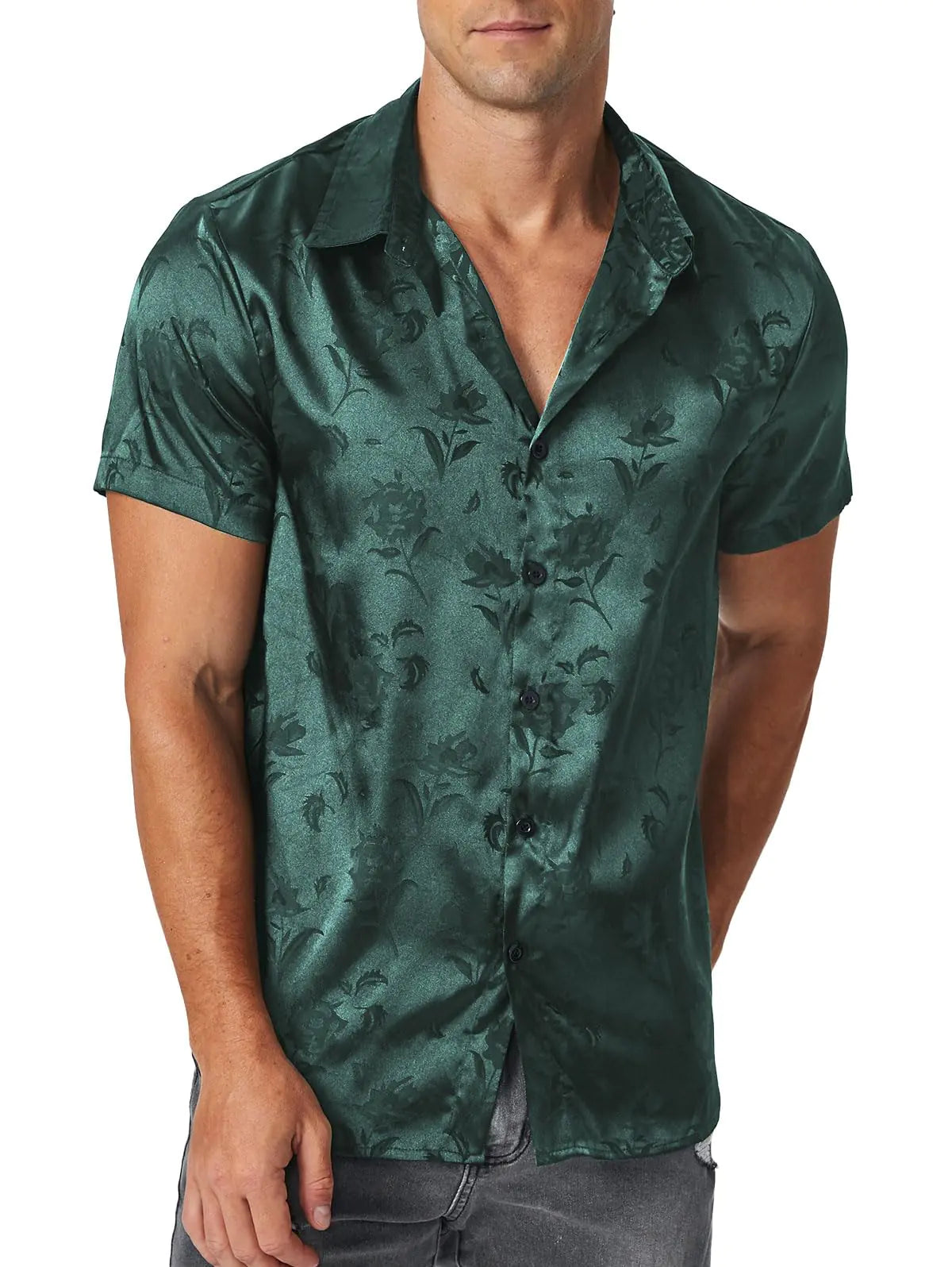 ZAFUL Mens Silky Satin Dress Shirt Short Sleeve Floral Print Jacquard Button Up Shirt Summer Holiday Party Fashion Shirt